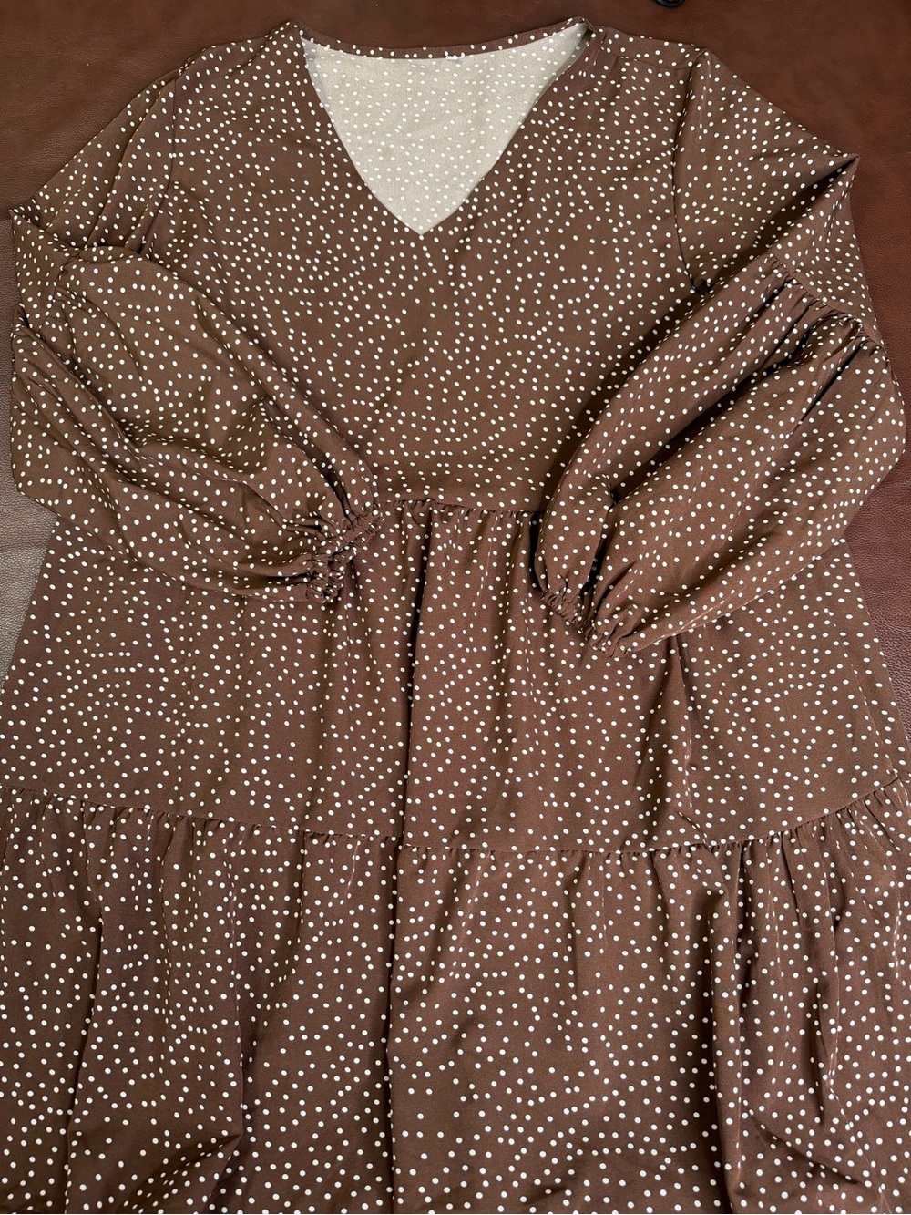 V-Neck Brown Polka Dot Tiered Midi Dress